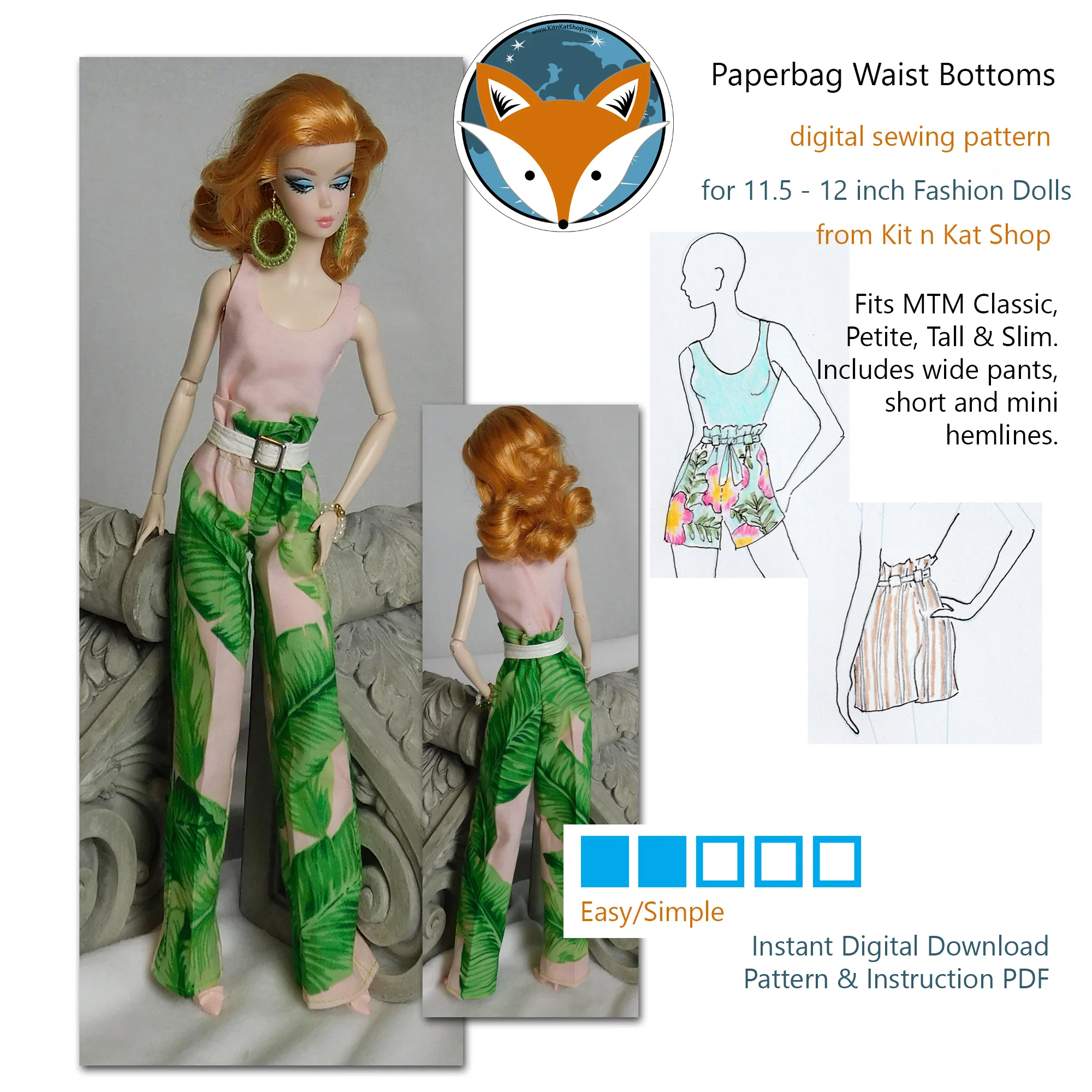 Digital Pattern for Paperbag Waist Bottoms for 11.5-12 inch Fashion Dolls