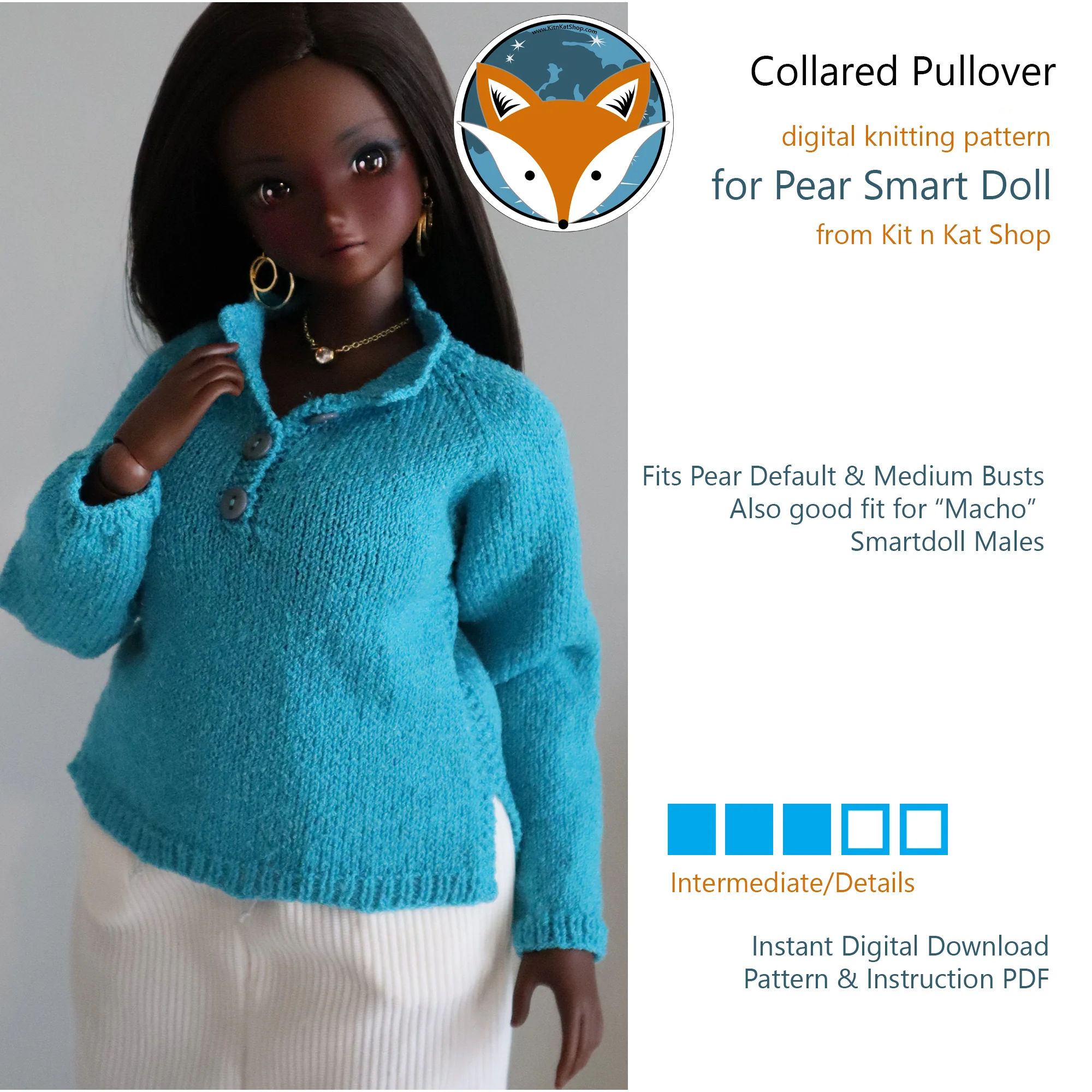 Collared Knitted Pullover for Smart Doll Pear - Digital Knitting Pattern