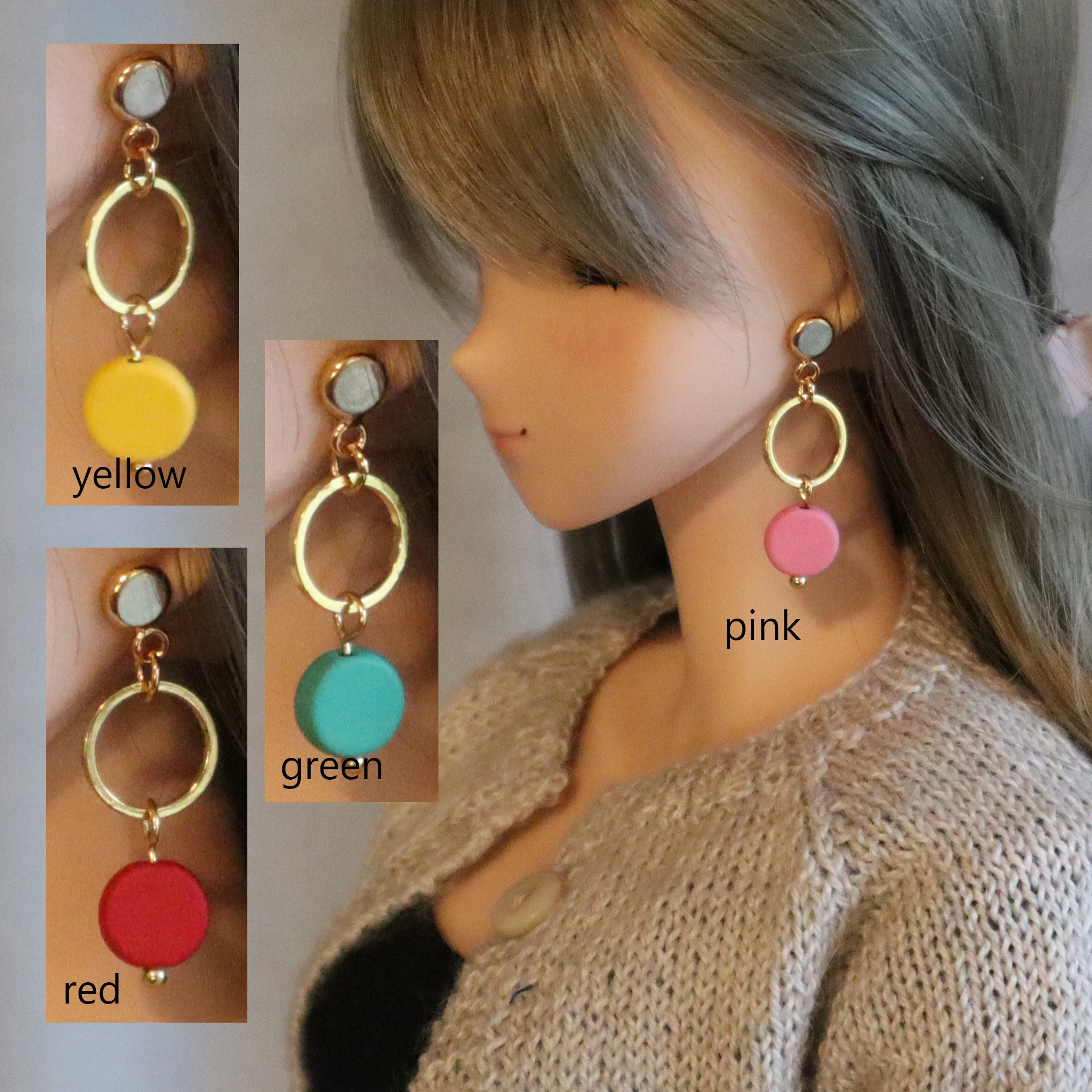 Hanging Colored Disc No-Hole Earrings
