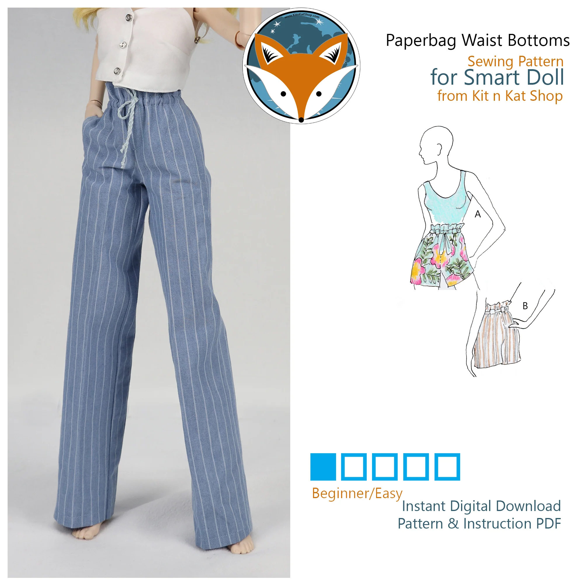 Paperbag Waist Bottoms for Smart Doll Classic - Digital Sewing Pattern